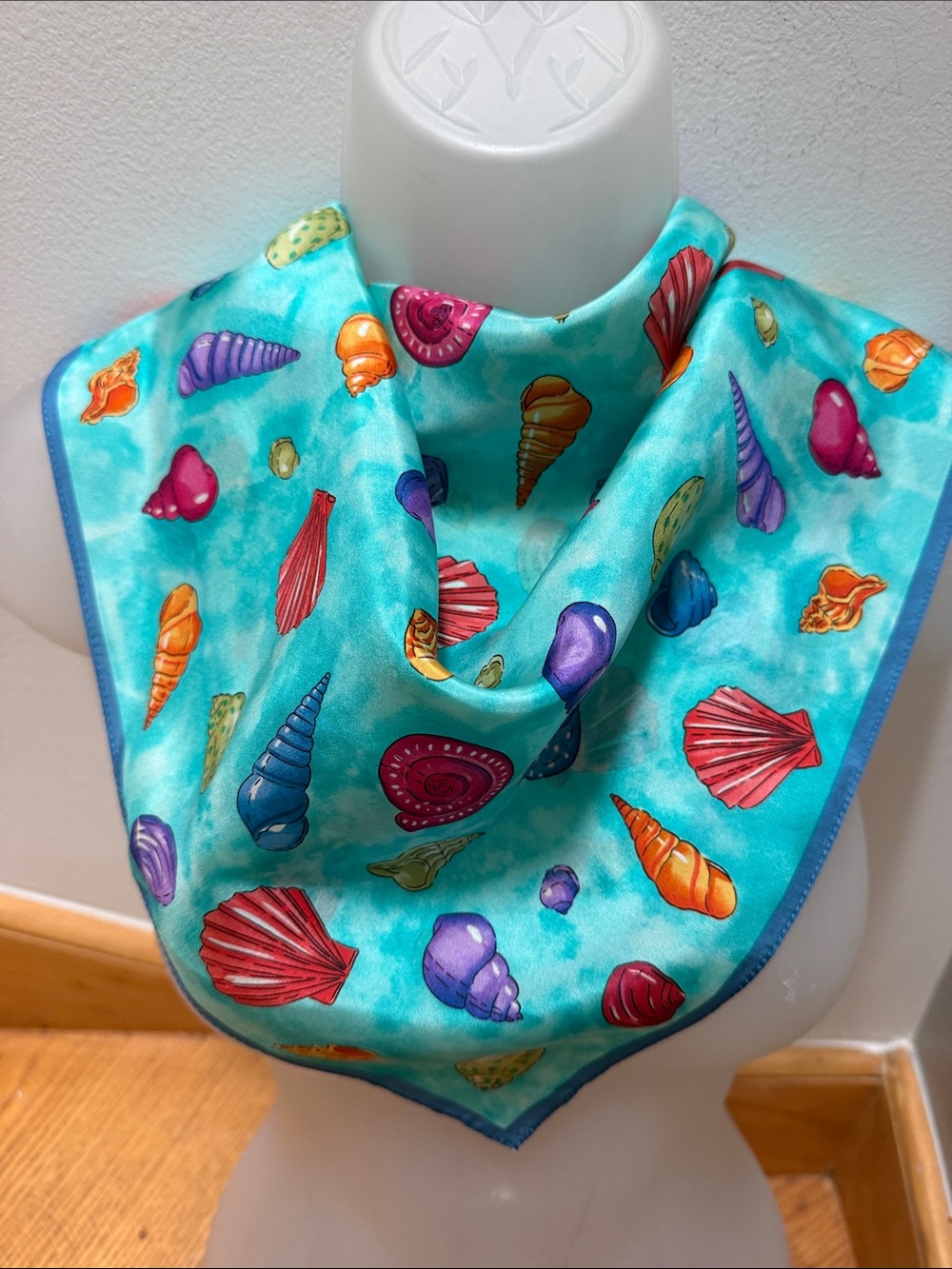 Talbots Seashell Print Aqua Silk Scarf VTG